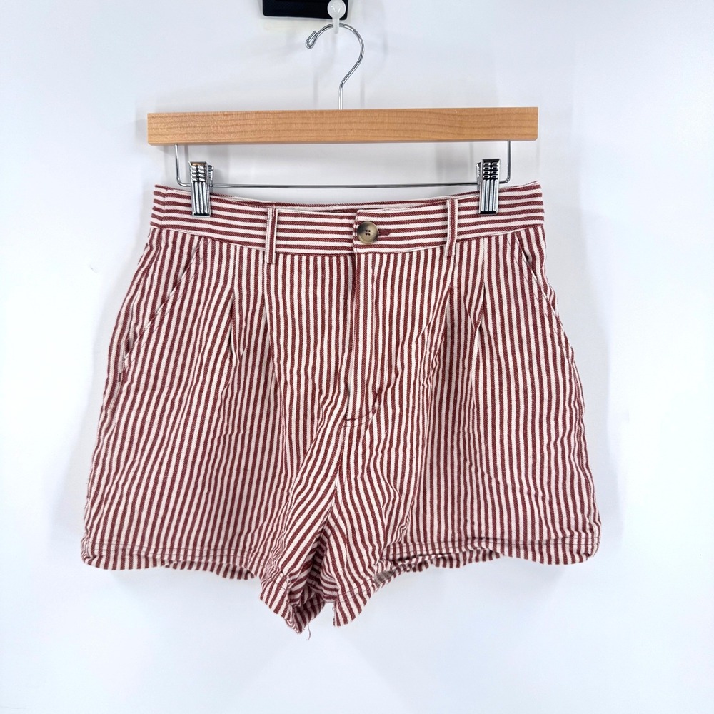 FRNCH Striped Shorts Rust White Large High Rise Pleated Cotton Nautical Summer